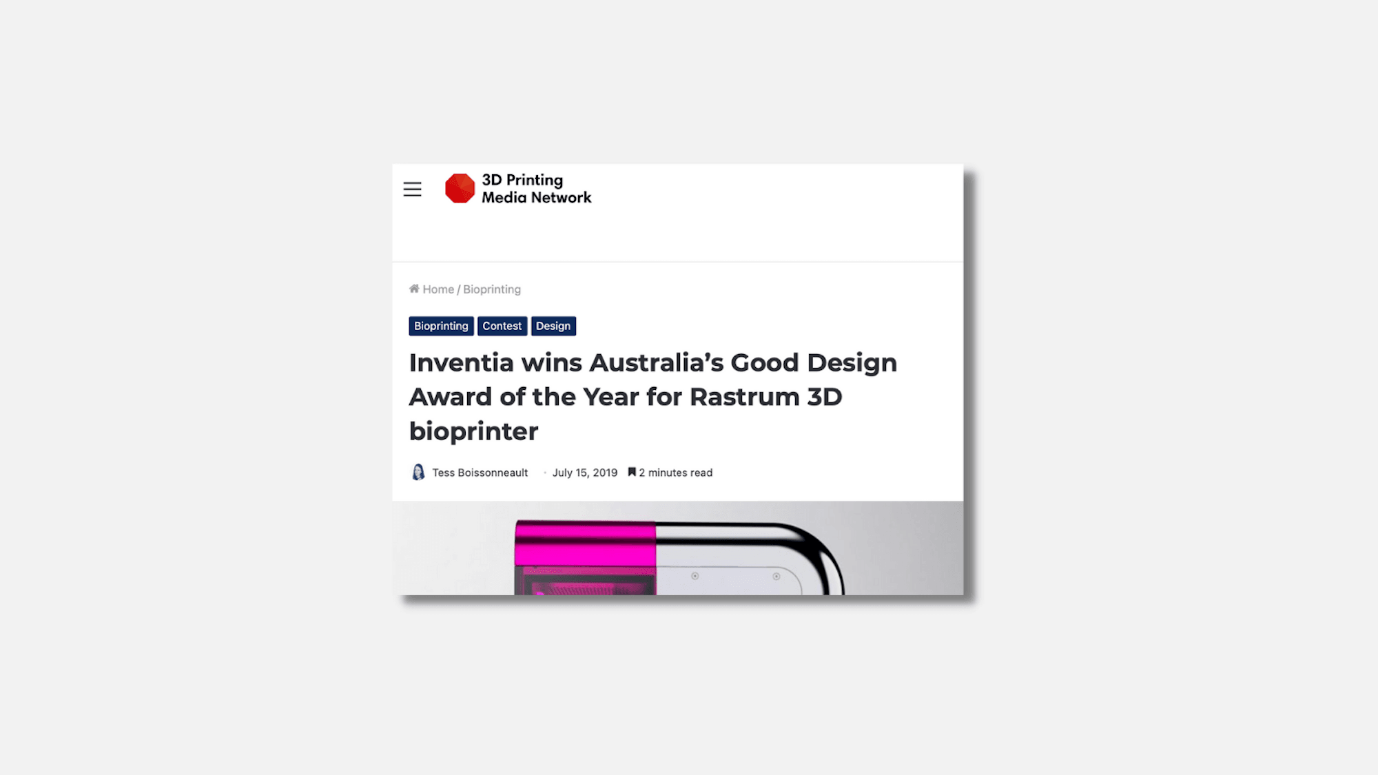 Inventia wins Australia’s Good Design Award of the Year for RASTRUM 3D bioprinter | 3D Printing Media Network