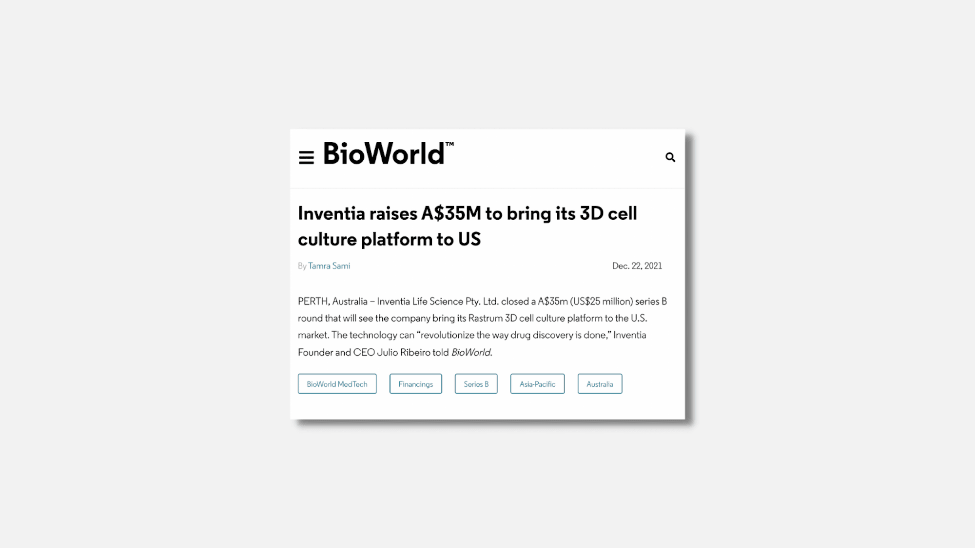 Inventia raises A$35M to bring its 3D cell culture platform to US | BioWorld