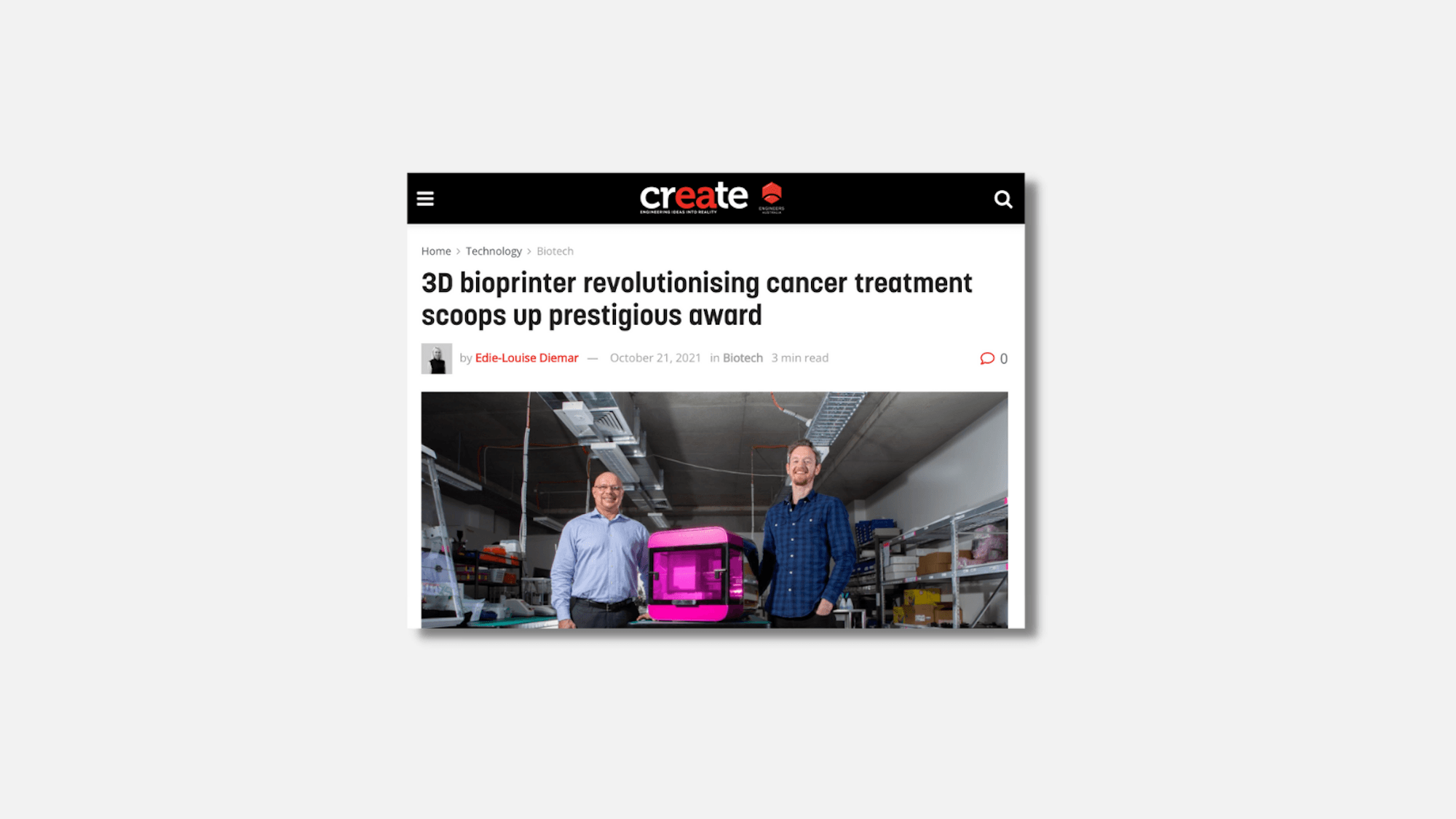 3D bioprinter revolutionising cancer treatment scoops up prestigious award | Create Magazine